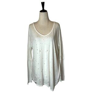 Trouble At The Mill Shirt Women Medium White‎ V Neck Distressed Long Sleeve Tee